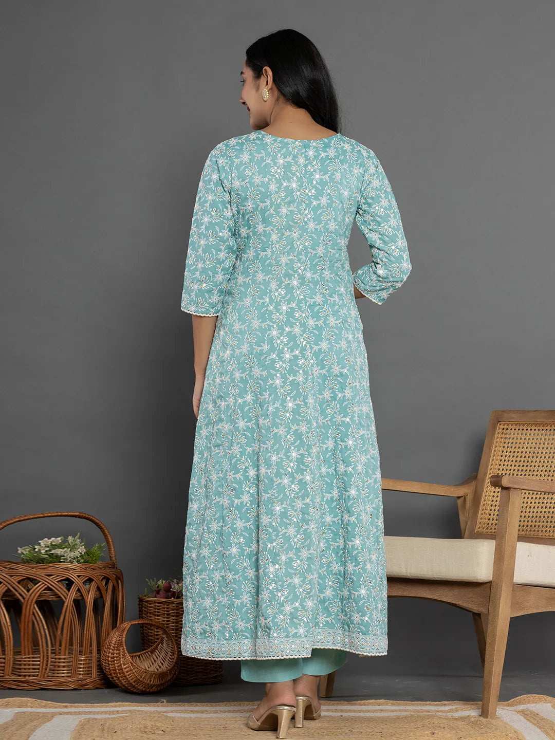 Yufta Sea Green Cotton Silk Embroidered Anarkali Kurta Dupatta Set - Swadesiicart