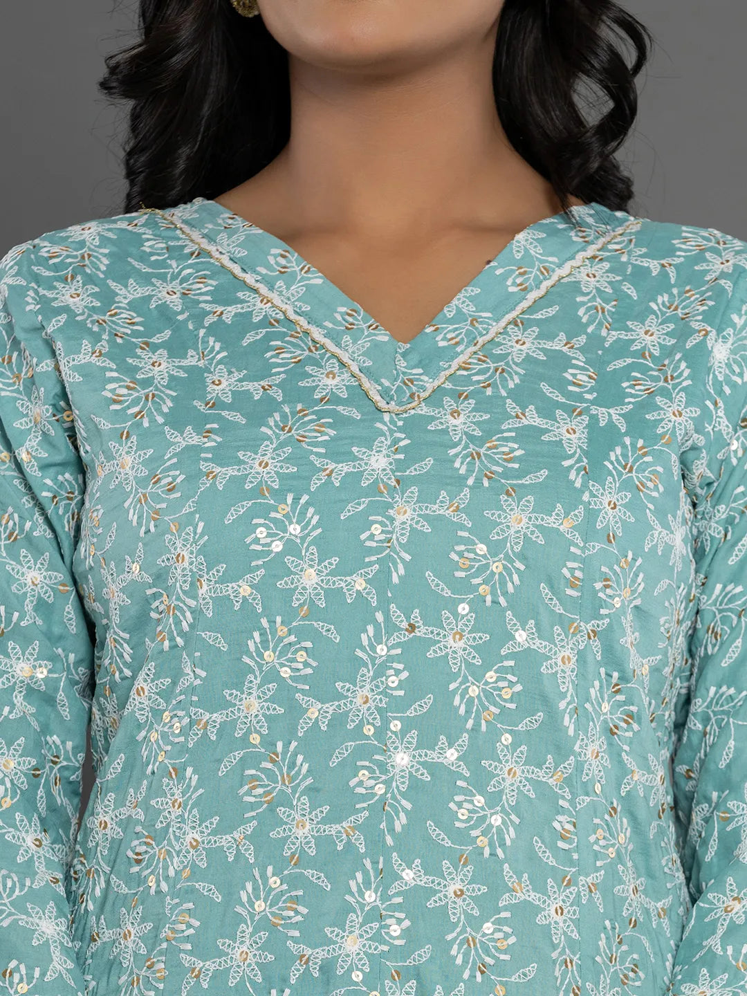 Yufta Sea Green Cotton Silk Embroidered Anarkali Kurta Dupatta Set - Swadesiicart