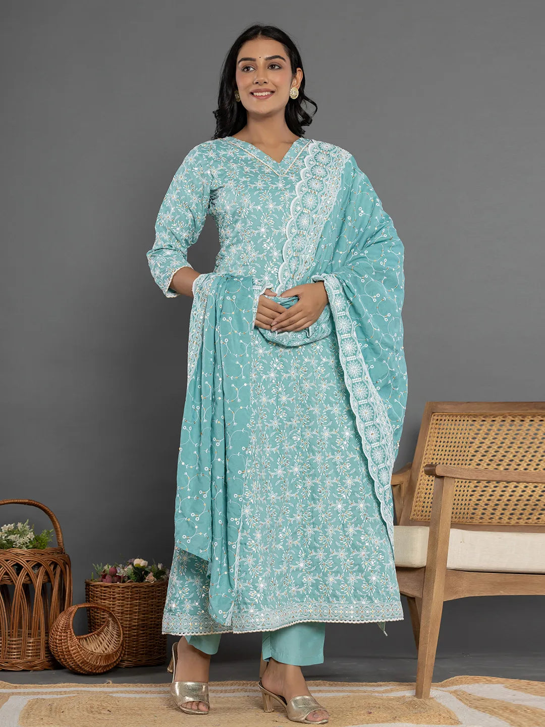 Yufta Sea Green Cotton Silk Embroidered Anarkali Kurta Dupatta Set - Swadesiicart