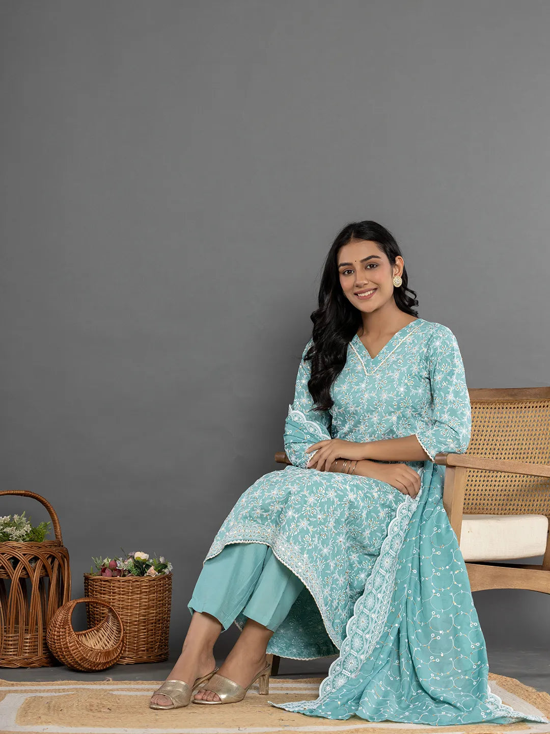 Yufta Sea Green Cotton Silk Embroidered Anarkali Kurta Dupatta Set - Swadesiicart