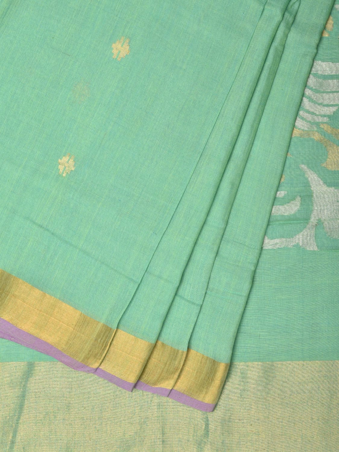 Sea Green Khadi Cotton Handloom Saree with Birds Pallu Design - Global Threads | Swadesiicart