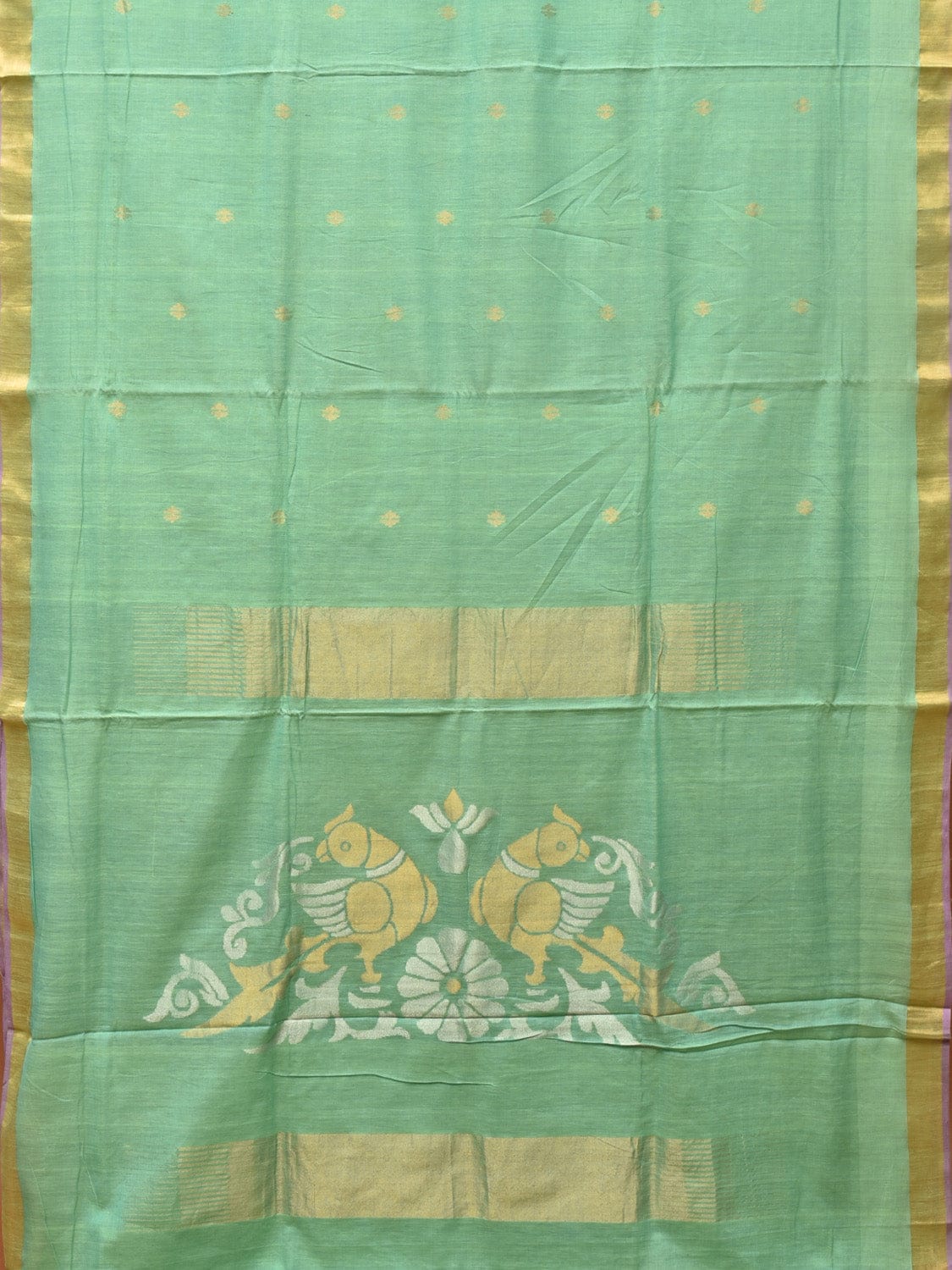 Sea Green Khadi Cotton Handloom Saree with Birds Pallu Design - Global Threads | Swadesiicart