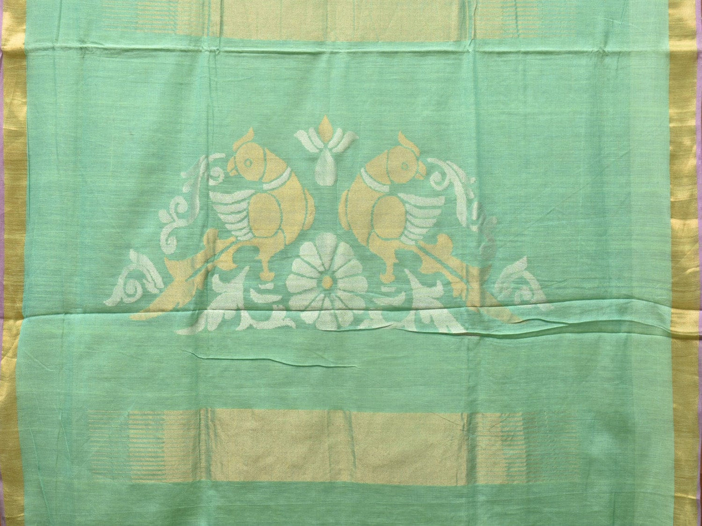 Sea Green Khadi Cotton Handloom Saree with Birds Pallu Design - Global Threads | Swadesiicart