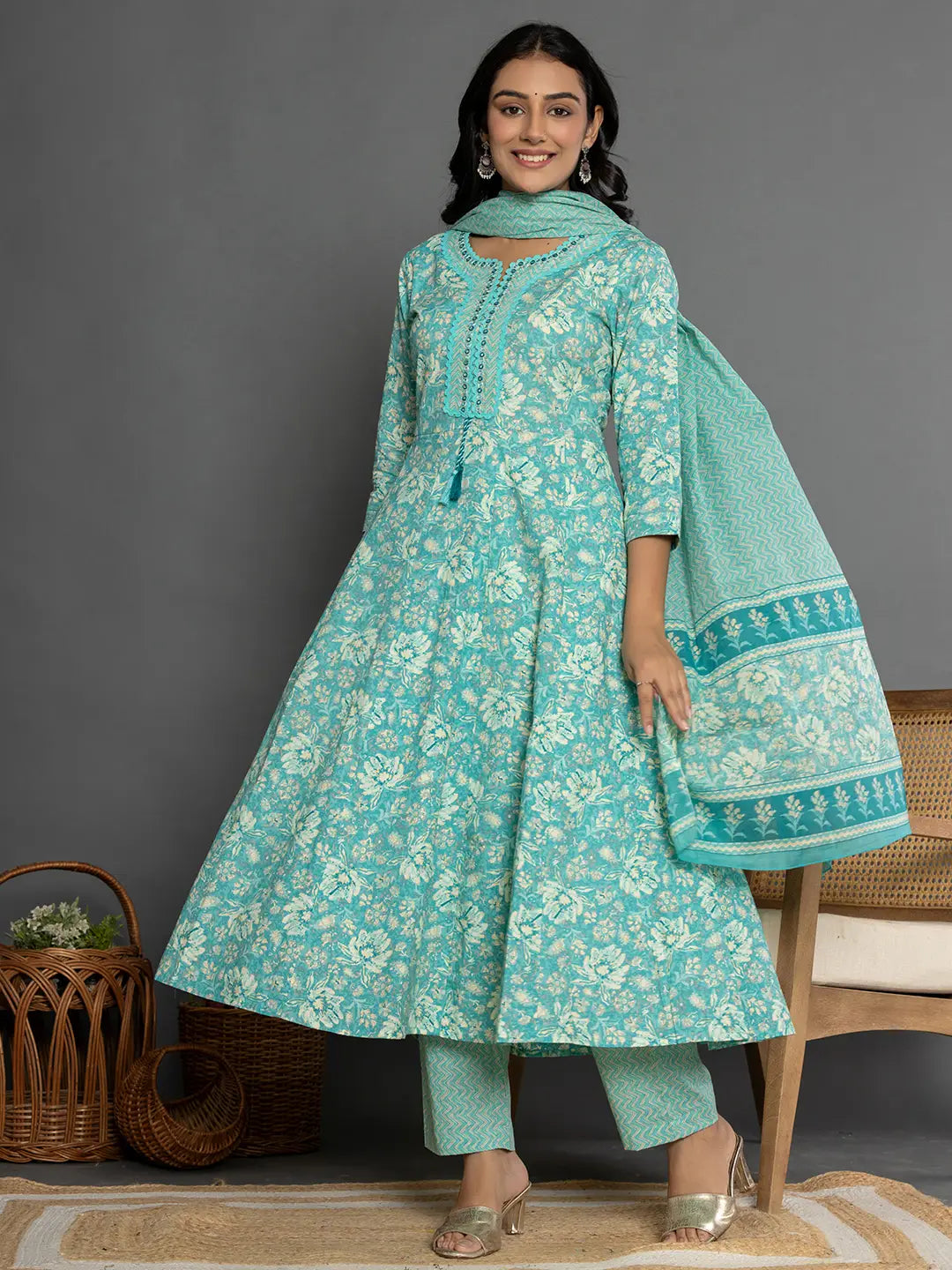 Yufta Sea Green Mirror_Work Cotton Anarkali Kurta Duppta Set - Swadesiicart