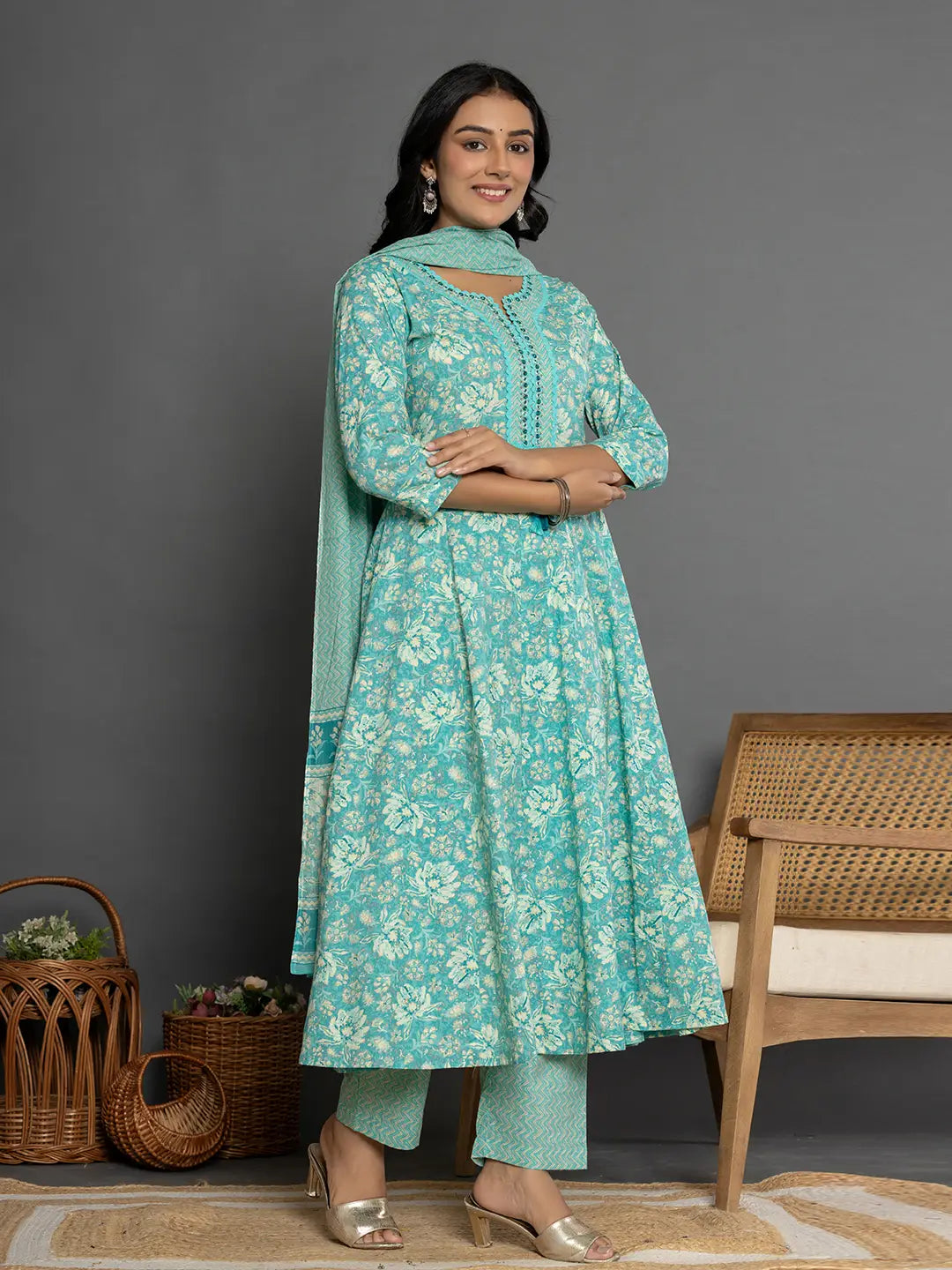 Yufta Sea Green Mirror_Work Cotton Anarkali Kurta Duppta Set - Swadesiicart