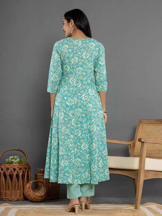 Yufta Sea Green Mirror_Work Cotton Anarkali Kurta Duppta Set - Swadesiicart