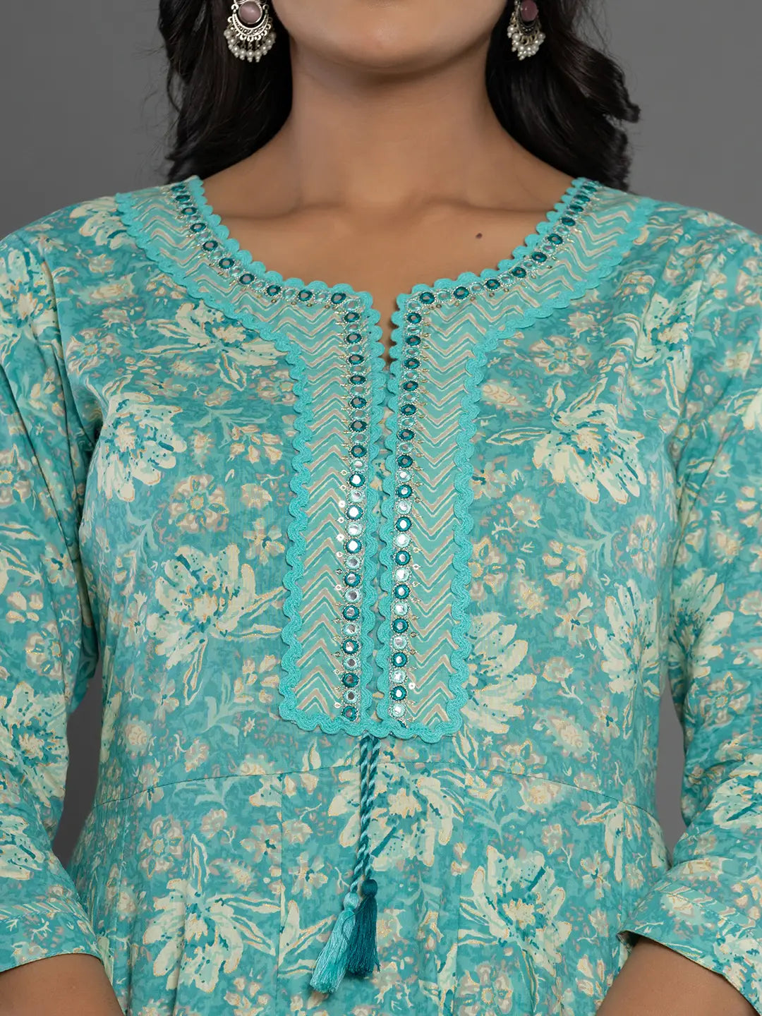 Yufta Sea Green Mirror_Work Cotton Anarkali Kurta Duppta Set - Swadesiicart