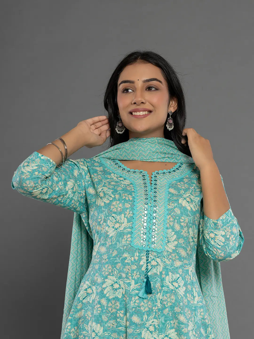 Yufta Sea Green Mirror_Work Cotton Anarkali Kurta Duppta Set - Swadesiicart