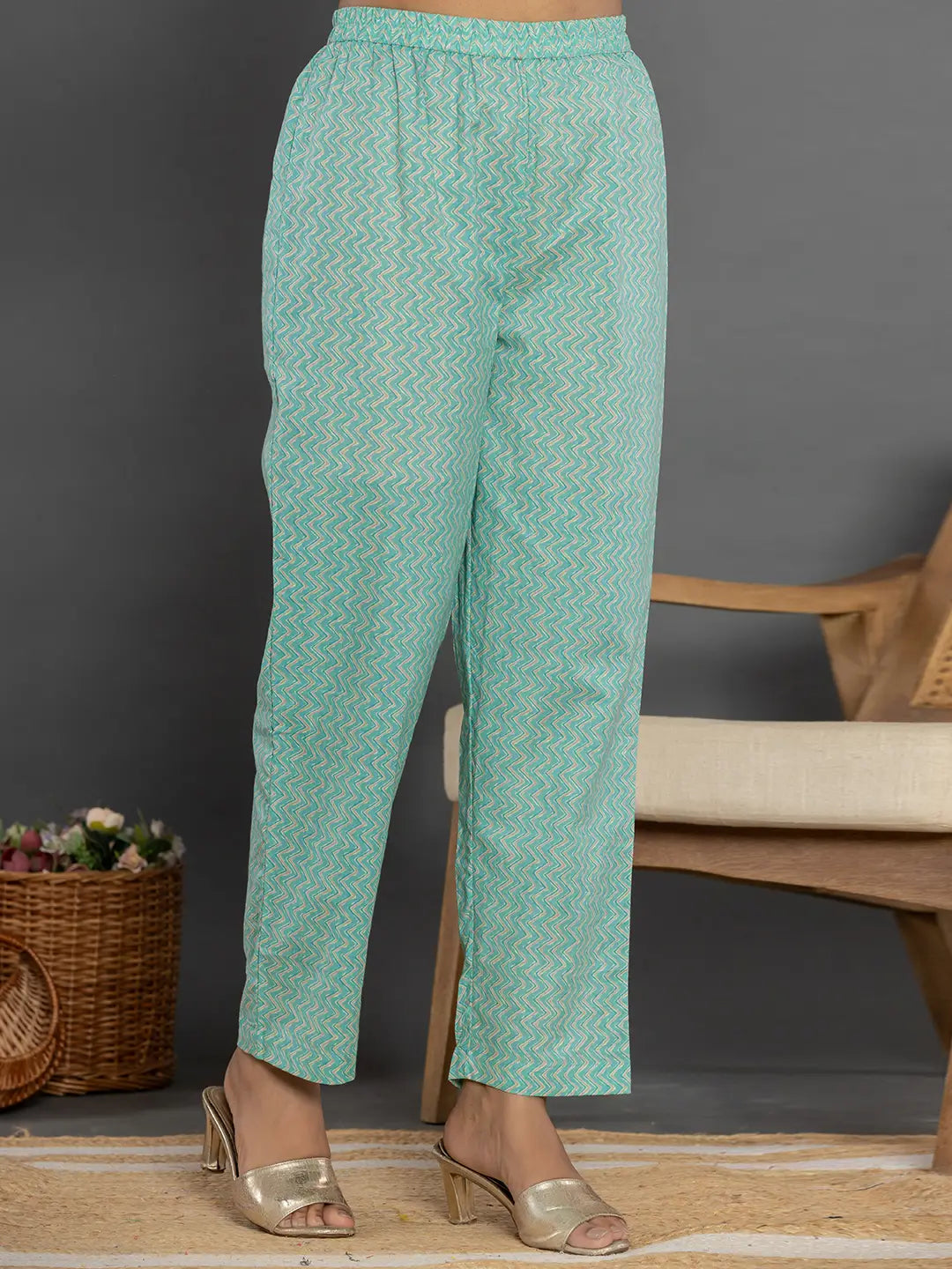 Yufta Sea Green Mirror_Work Cotton Anarkali Kurta Duppta Set - Swadesiicart