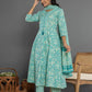 Yufta Sea Green Mirror_Work Cotton Anarkali Kurta Duppta Set - Swadesiicart