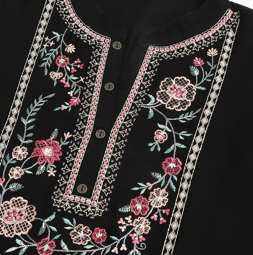Black Rayon Yoke Embroidered A-line Top - Tarini - Swadesiicart