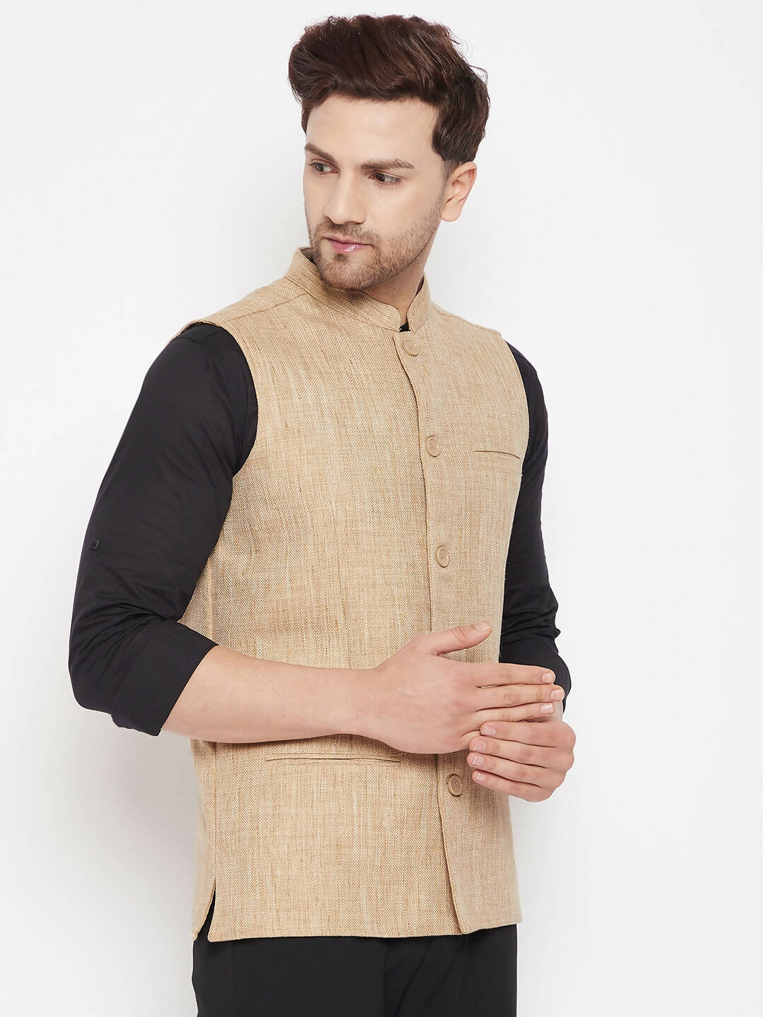 Even Apparels Beige Linen Men Woven Nehru Jacket LN719 | Swadesiicart