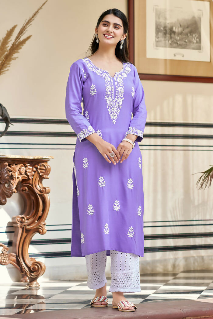 The52 Lavender Women's Gorgeous Chikankari work Pure Rayon Fabric Straight Kurta, Pant Set - Swadesiicart