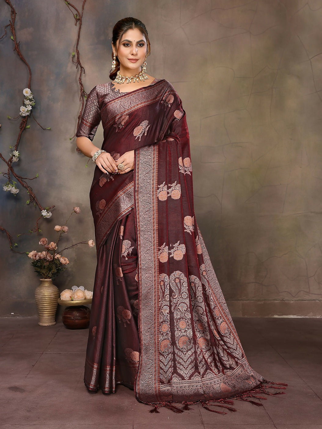 Joban Fashion Wine Woven Jacquard Banarasi Silk Sarees | Swadesiicart
