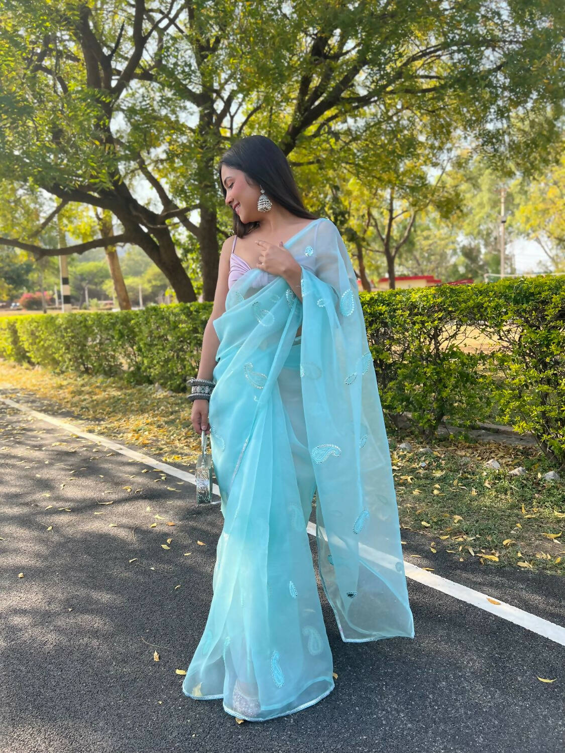 Vamsee Sky Blue Organza Saree - Swadesiicart