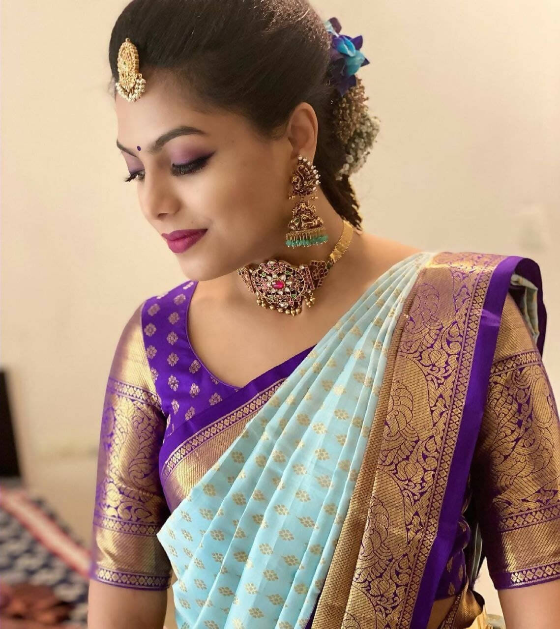 DEIANA'S Beautiful Designer Golden zari Soft Lichi Silk Saree - Sky - Swadesiicart