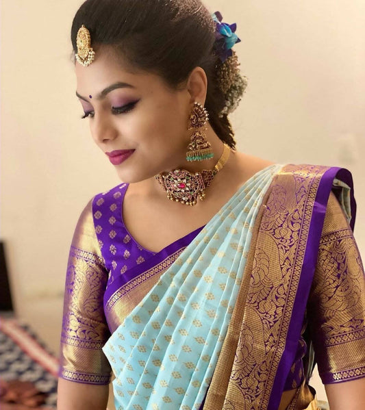DEIANA'S Beautiful Designer Golden zari Soft Lichi Silk Saree - Sky - Swadesiicart
