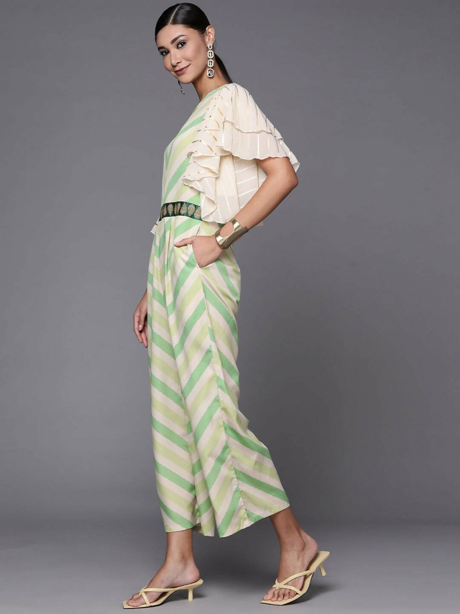 Ahalyaa Off White & Green Zig Zag Print Basic Jumpsuit - Swadesiicart