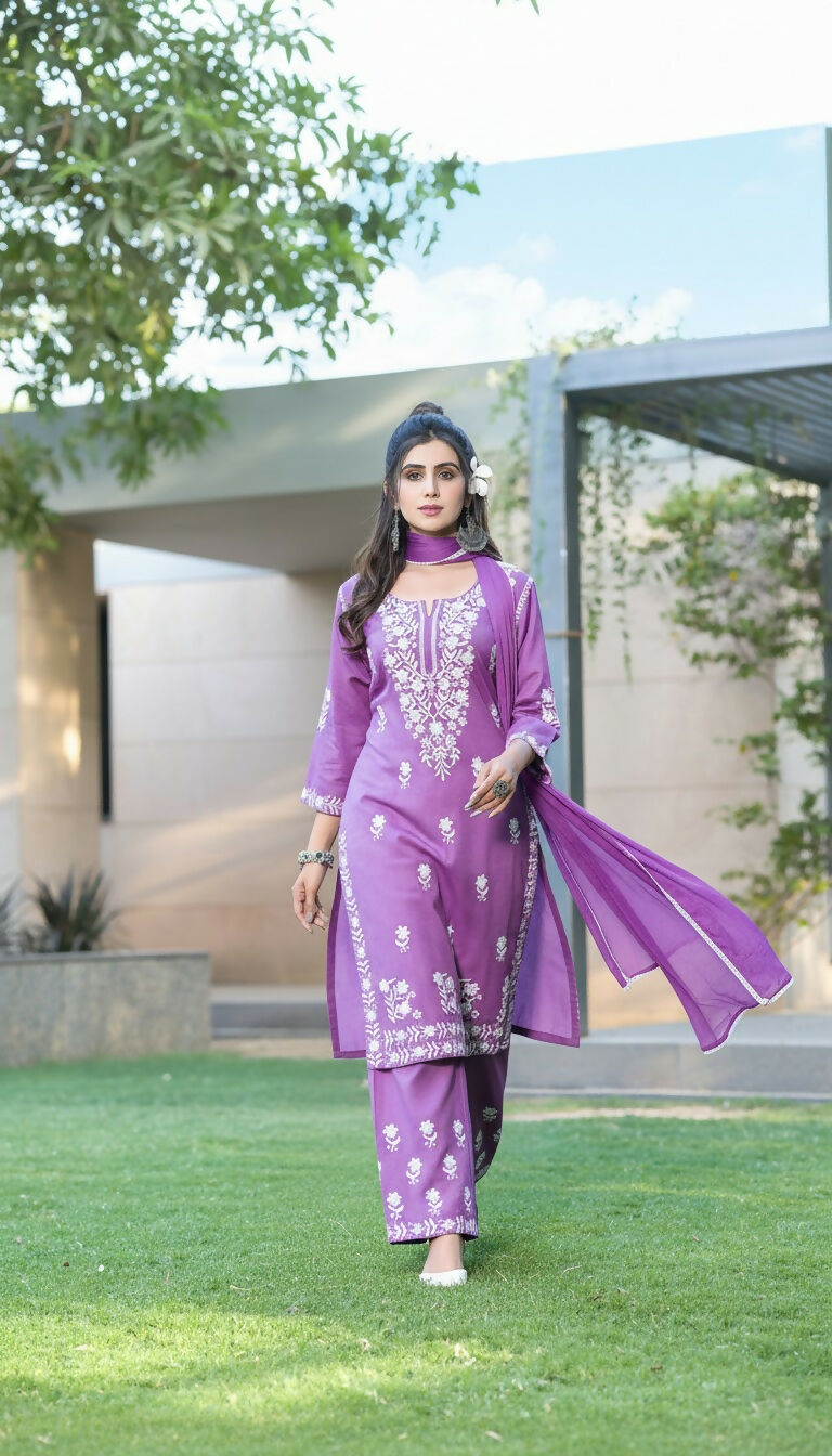 BulBul Meher Purple Rayon Kurta Set with Dupatta - Swadesiicart