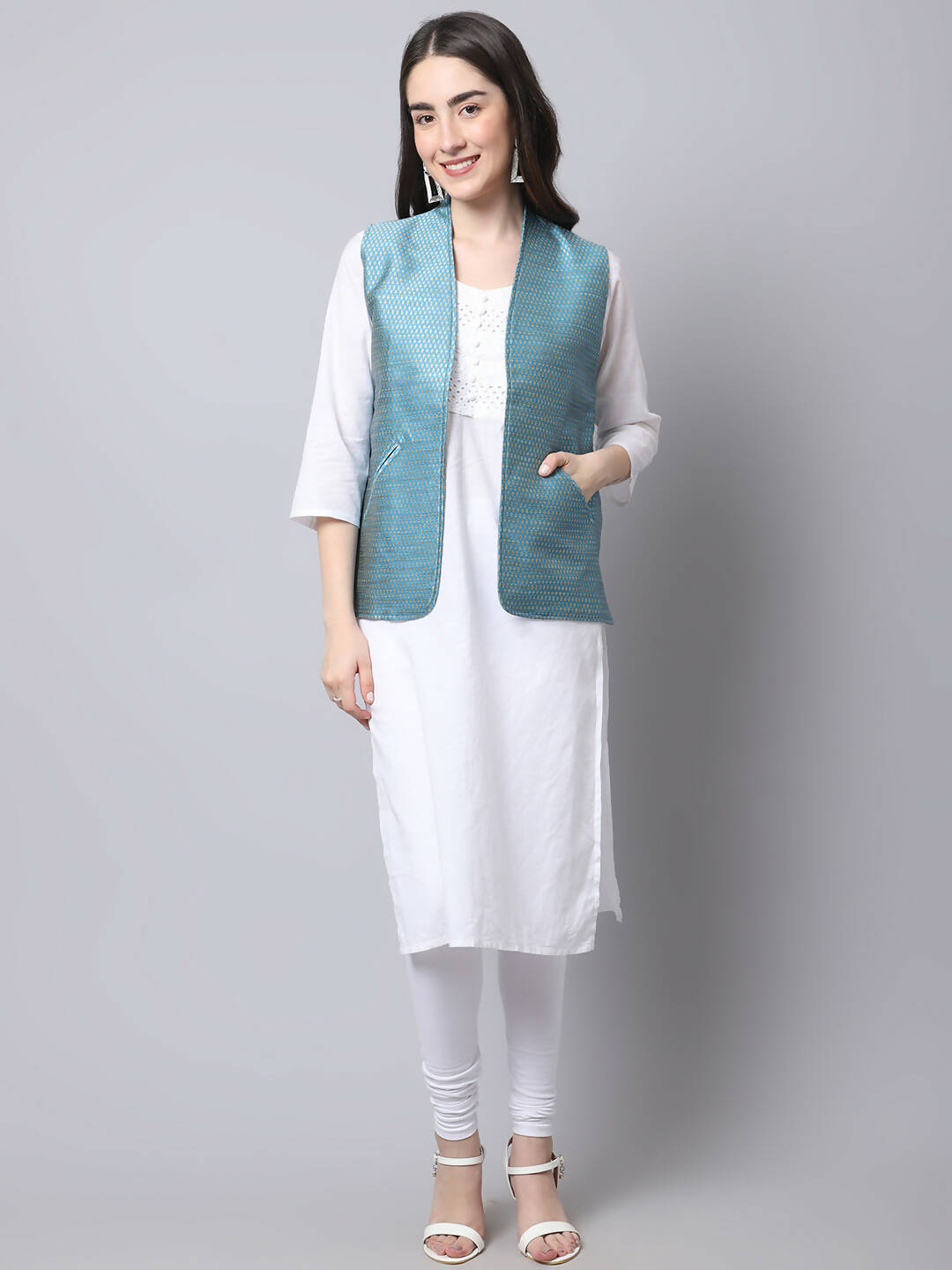 Even Apparels Blue Bansari Silk Open Front Gillet | Swadesiicart