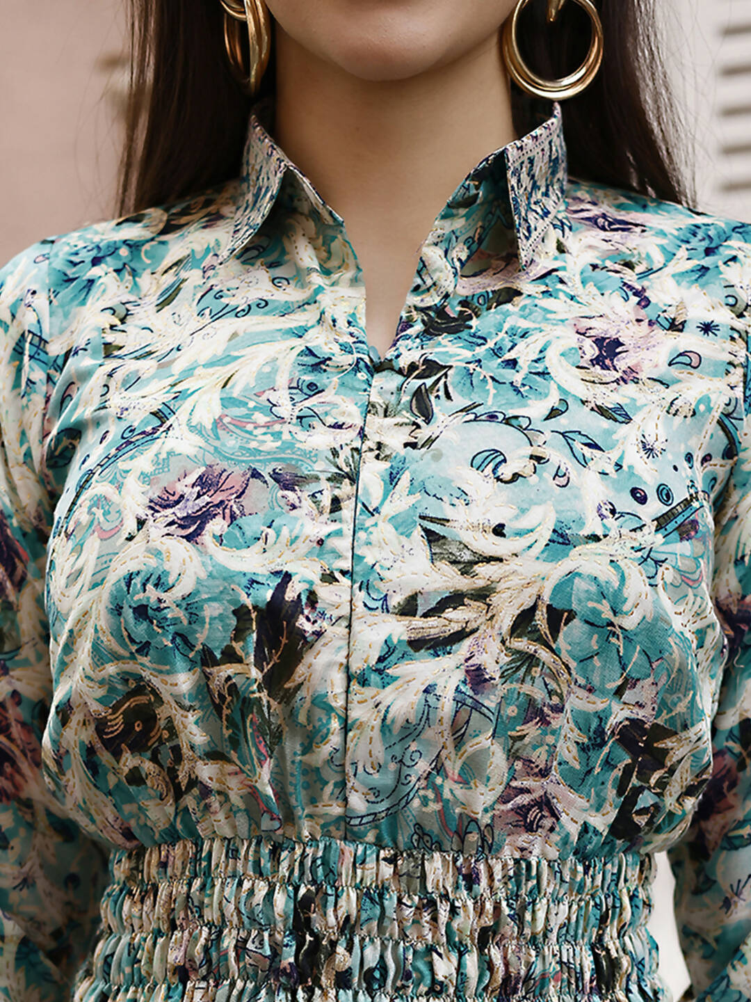 Sea Green Rayon Floral Printed Top with Matching Bottom - Eesha - Swadesiicart