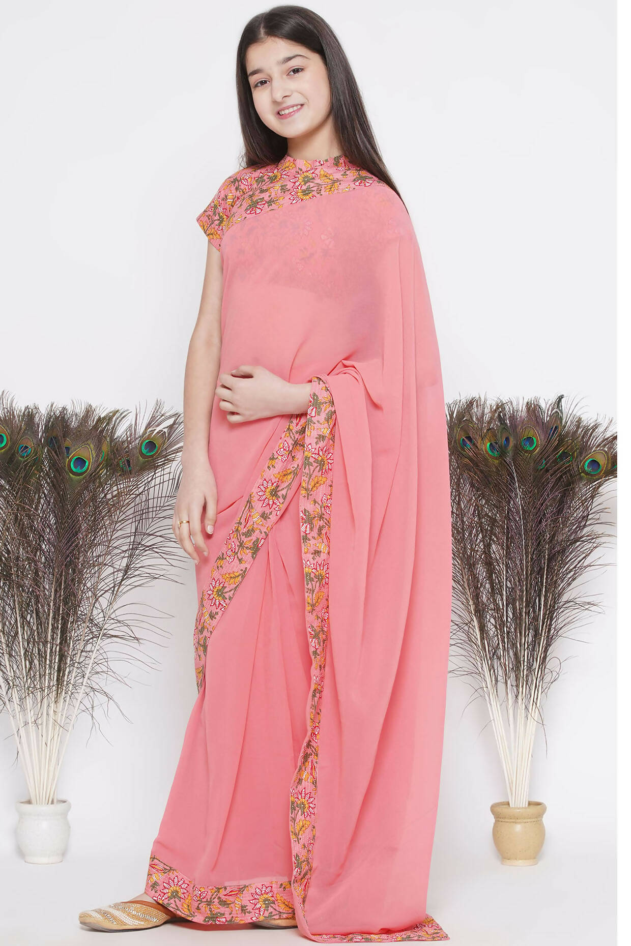 Little Bansi Floral Print Ready To Wear Saree And Floral Blouse - Coral | Swadesiicart