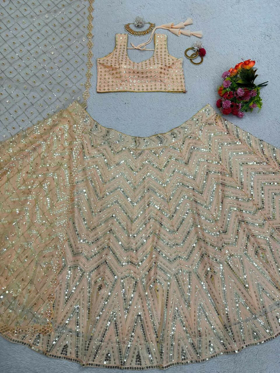 Jyoti Fashion Women's Cream Faux Georgette 9MM Sequins with Thread Embroidered Designer Lehenga Choli Set | Swadesiicart