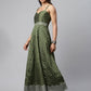 Ahalyaa Women Olive Poly Silk Silver Foil Printed Dress | Swadesiicart