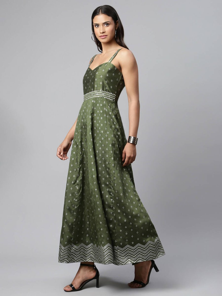 Ahalyaa Women Olive Poly Silk Silver Foil Printed Dress | Swadesiicart