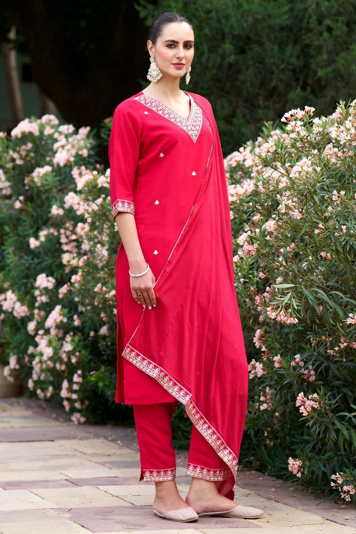 The52 Red Women's Gorgeous Embroidered Rayon Slub Fabric Straight Kurta Pant with Dupatta Set - Swadesiicart