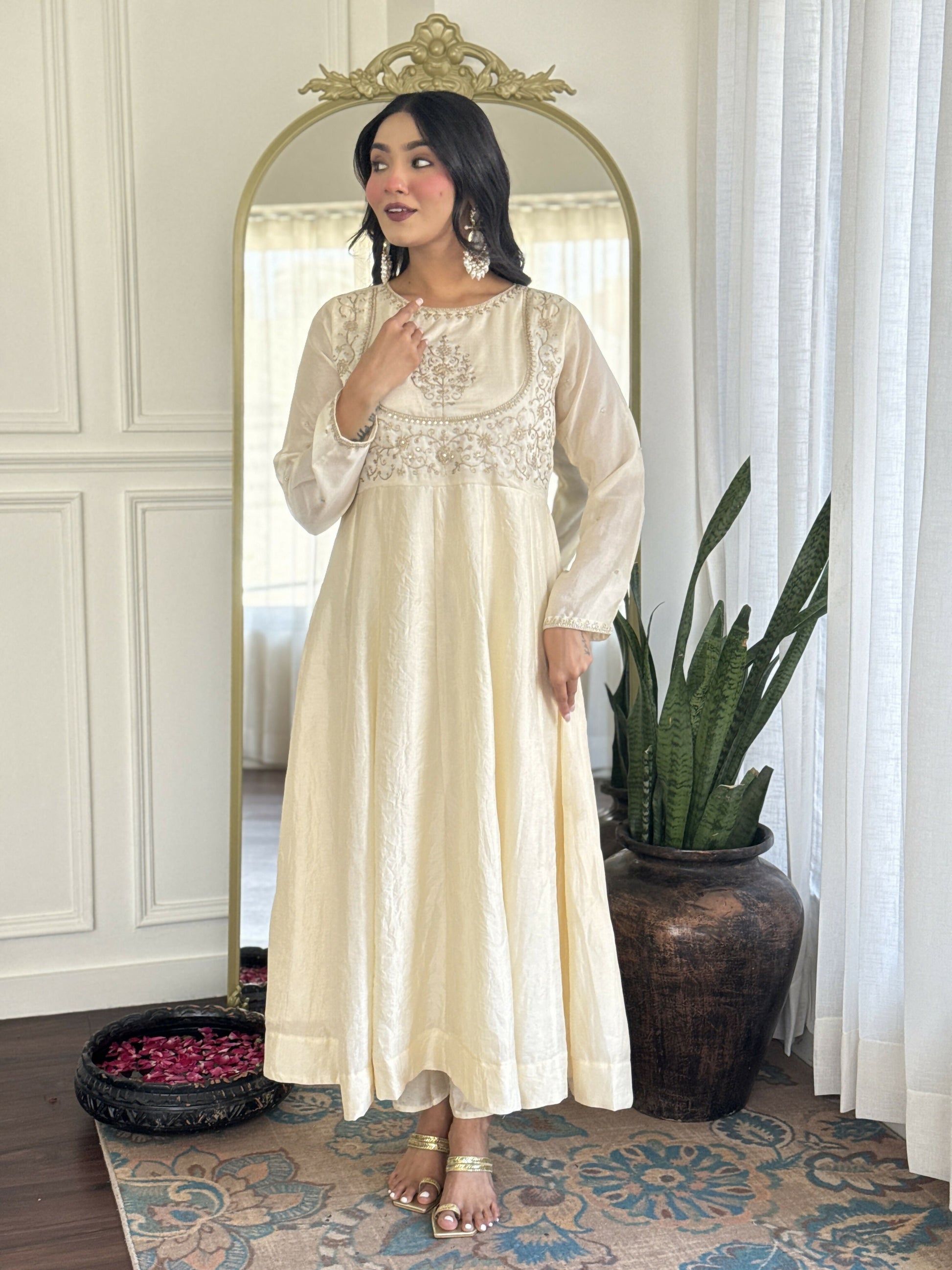The52 CreamWomen's Gorgeous Embroidered Vichitra Silk Fabric Flared Kurta Pant with Dupatta Set - Swadesiicart