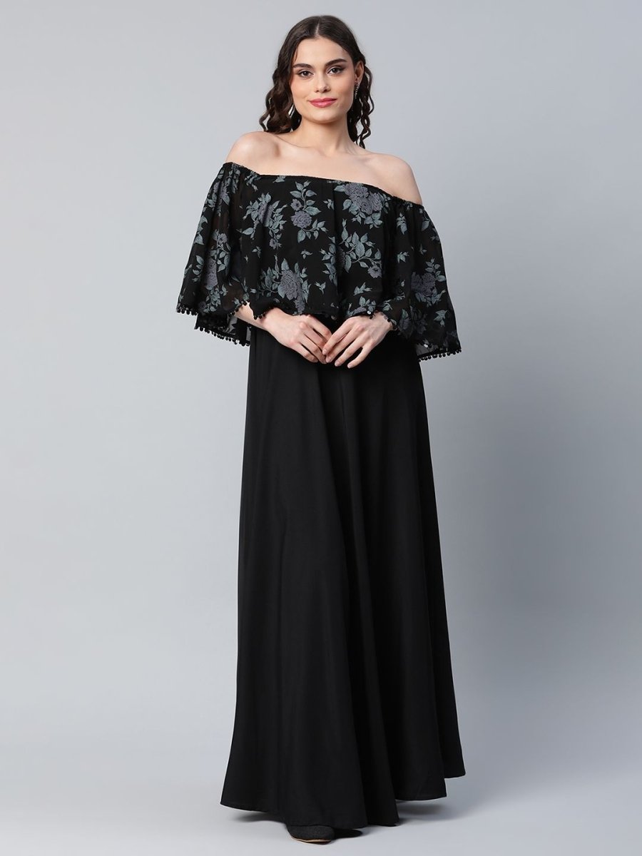 Ahalyaa Women Crepe Printed Black Dress | Swadesiicart