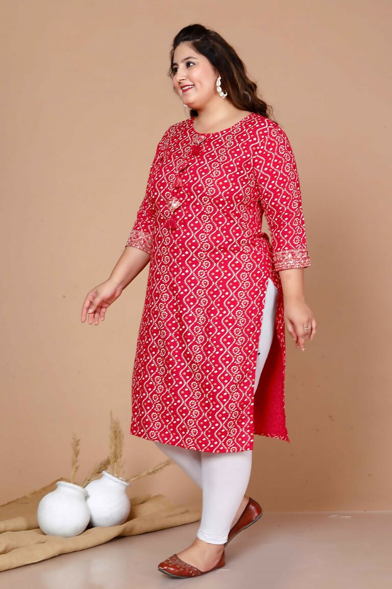 Miravan Women's Plus Size Pink Bandhani Pakistani Straight Kurti - Swadesiicart