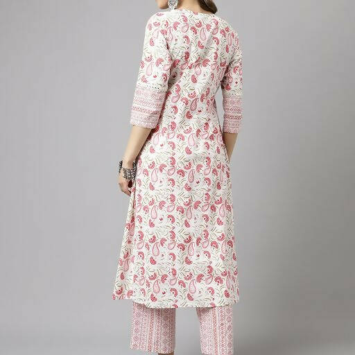 FIORRA Women's White Cotton A-line Kurta with Palazzo - Swadesiicart