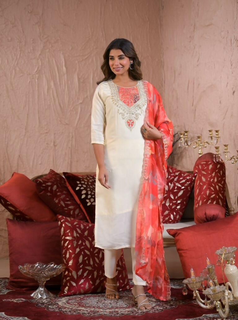 Ethnic Festive Wear Chanderi Silk Cream Stitched Suit With Dupatta - Tanisha | Swadesiicart