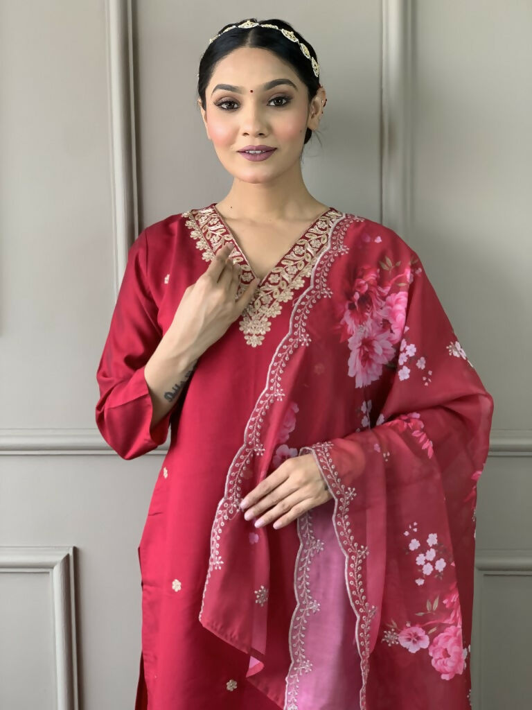 Rani Pink Viscose Chanderi Stitched Suit With Dupatta - Tanisha | Swadesiicart