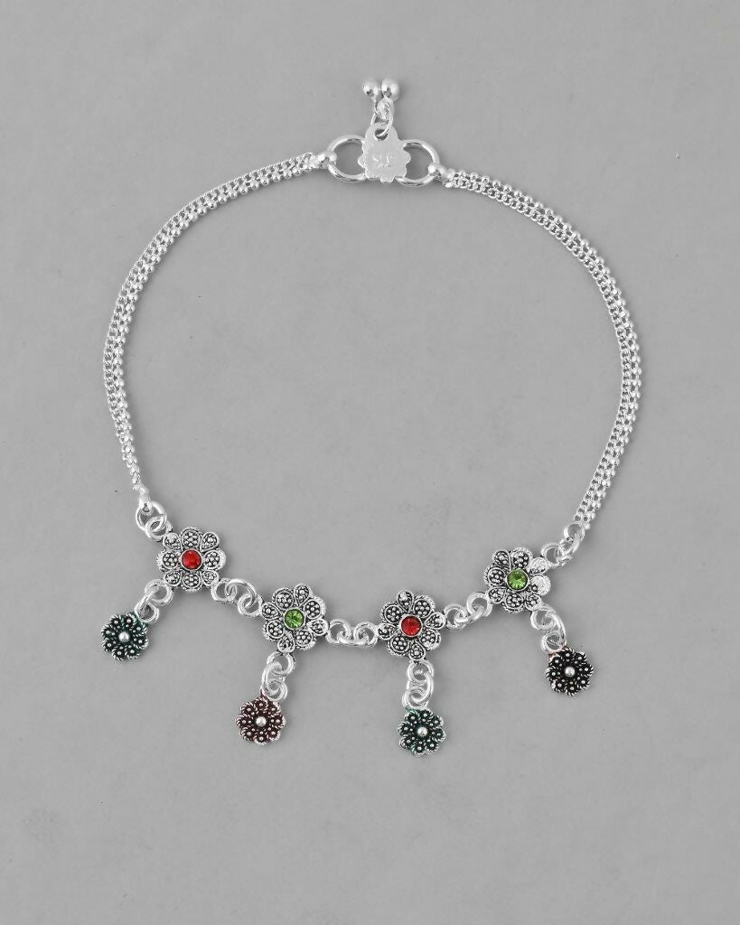 VOJ Set of 2 Silver Plated Meenakari Multi Color Anklet - Swadesiicart