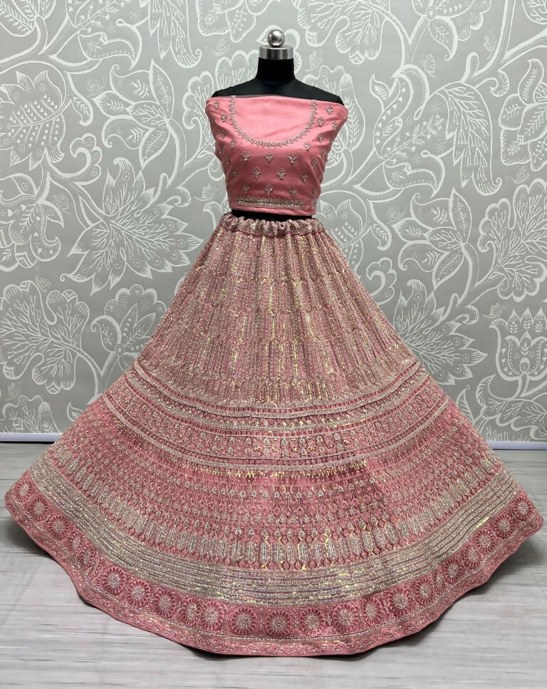 Jyoti Fashion Women's Pink Heavy Net Fancy Dori, Multi Thread, Rainbow Sequins and Diamond Work Wedding Lehenga Choli | Swadesiicart