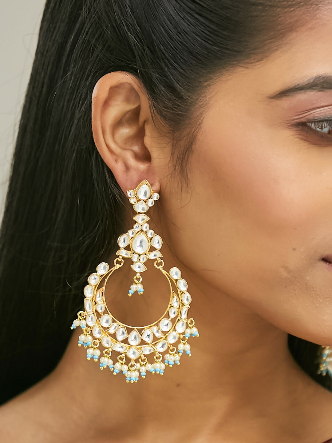 Nuyug 22K Gold-Plated Kundan Stone Studded & Pearl Beaded Chandbalis | Swadesiicart