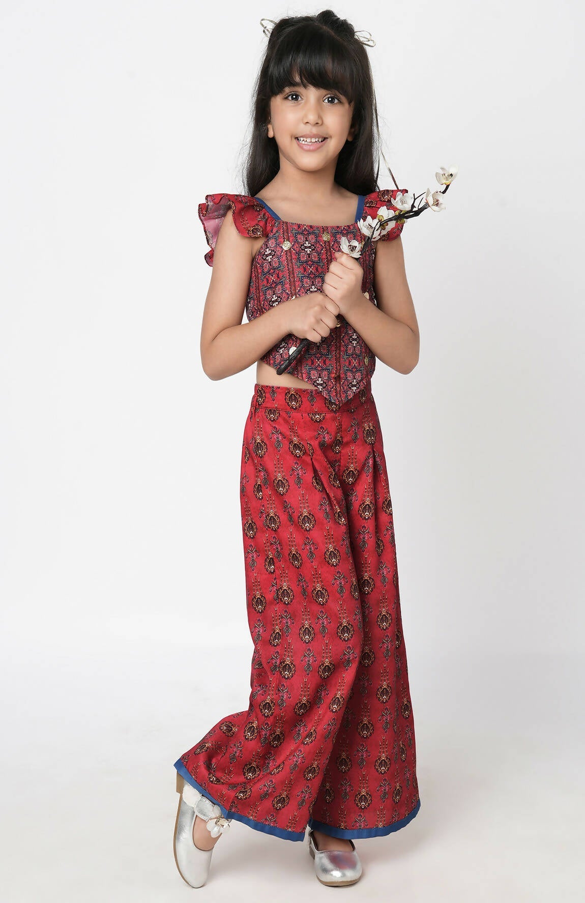 Lil Drama Ethnic Twist Girls Red Print Box Pleat Pant With Top Co-Ordinate Set - Swadesiicart