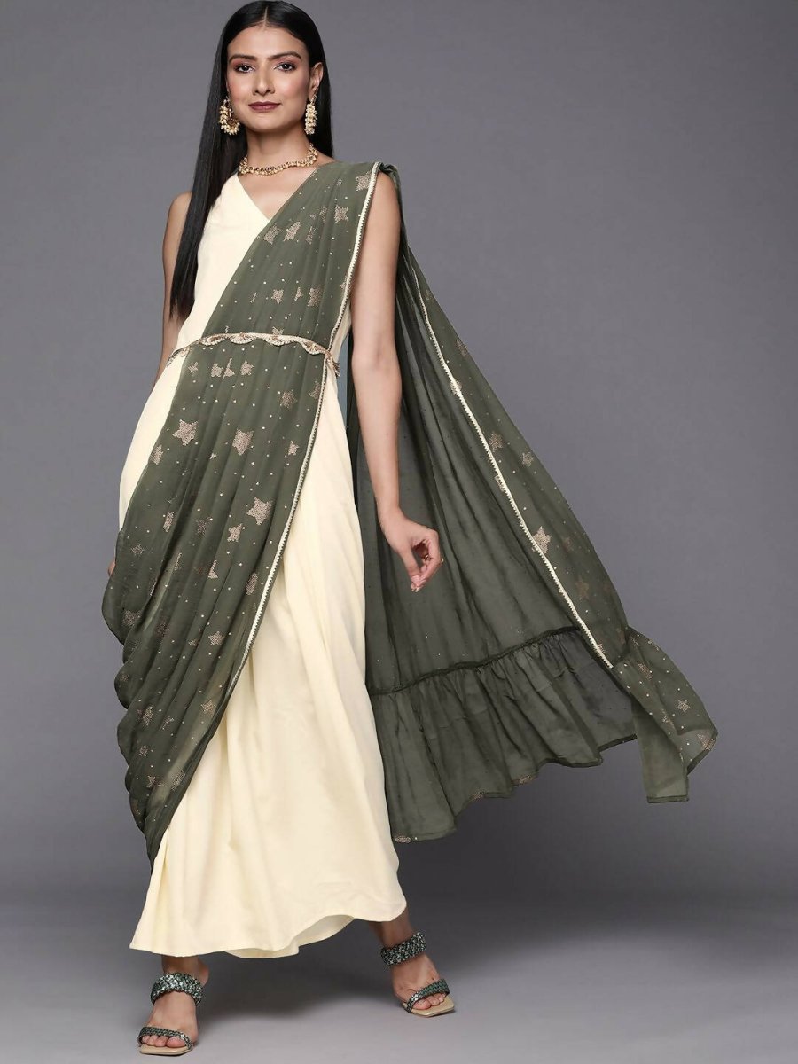 Ahalyaa Off White & Olive Green Ethnic Maxi Dress with Attached Dupatta | Swadesiicart