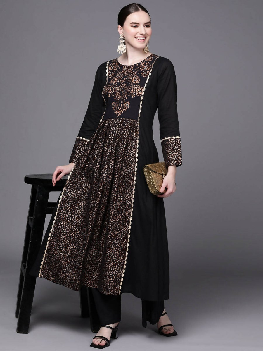 Ahalyaa Women Black Floral Printed Pure Cotton Kurta with Palazzos | Swadesiicart