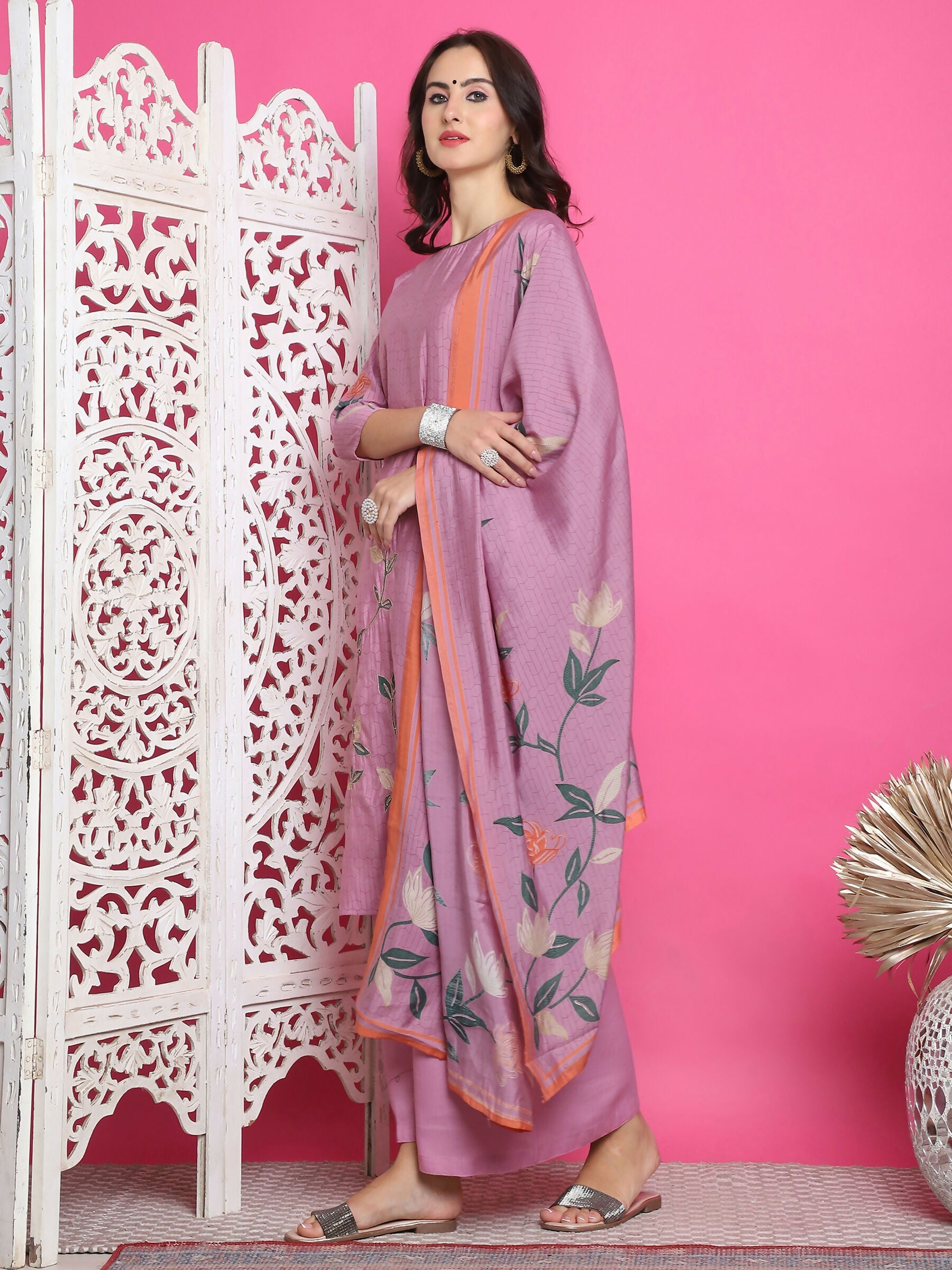 Jyoti Fashion Women's Purple Muslin Floral Print with Jari & Crystal work Kurta with Trouser & Dupatta | Swadesiicart