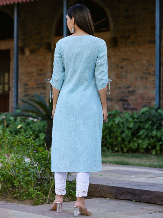 Juniper Women's Blue Sheer Sucker Embroidered Straight Kurta | Swadesiicart