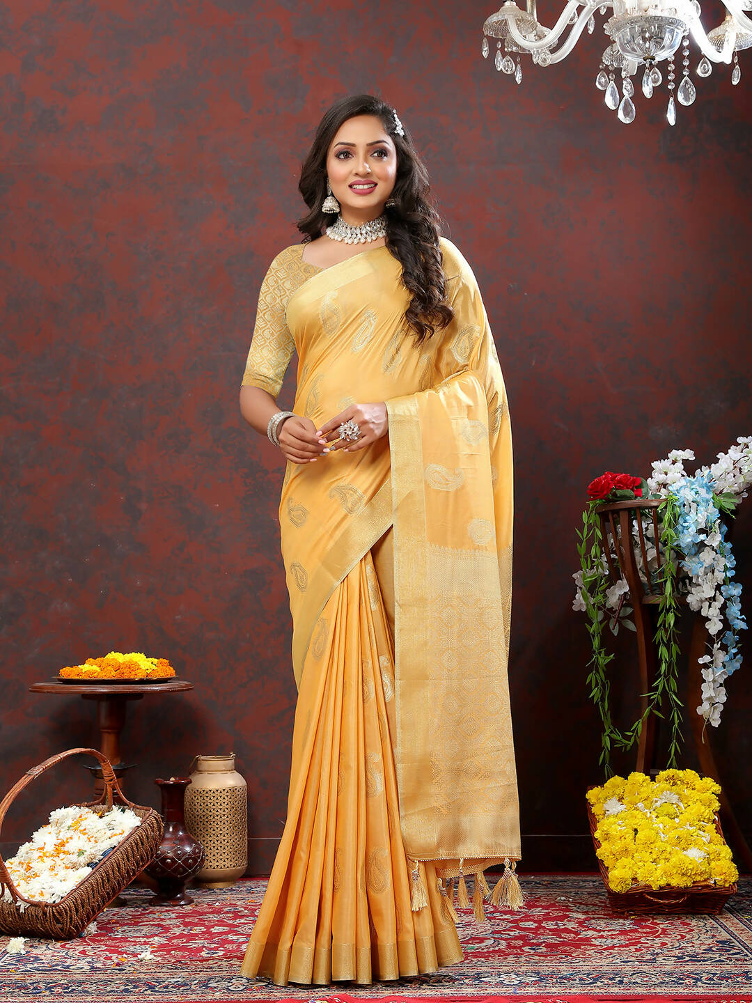 Lorenvalley Fashion Gold Cotton Woven Design with Zari Weaving Design Saree - Swadesiicart