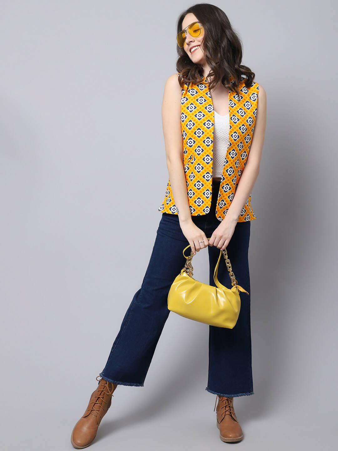 Even Apparels Yellow 100% Viscose Rayon Open Front Gillet | Swadesiicart