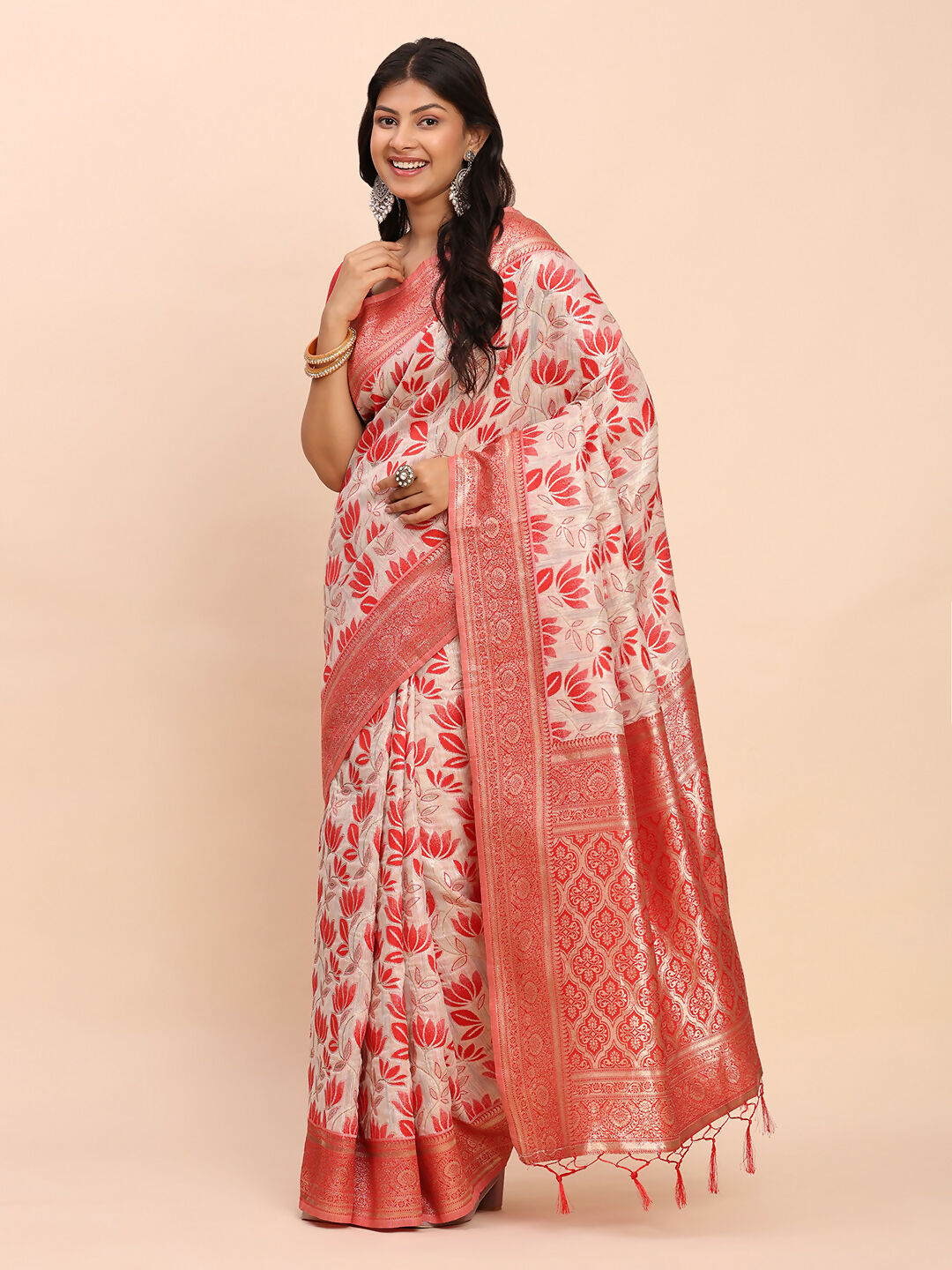 Shree Shyam Fashion Linen Cotton Red Saree