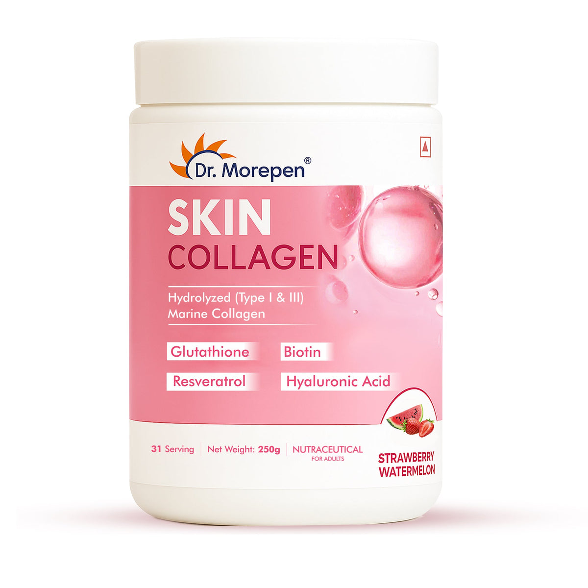 DR. Morepen Skin Collagen Powder with Glutathione, Hyaluronic Acid, Resveratrol &amp; Biotin Strawberry Watermelon Flavour