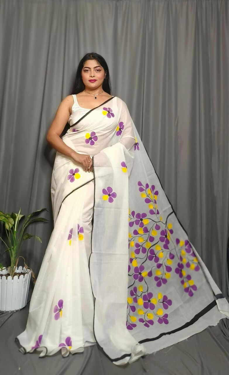 Exclusive Collection Beautiful White Purple Pure Cotton Hand Print Handloom Saree With Running Blouse Piece - Swadesiicart
