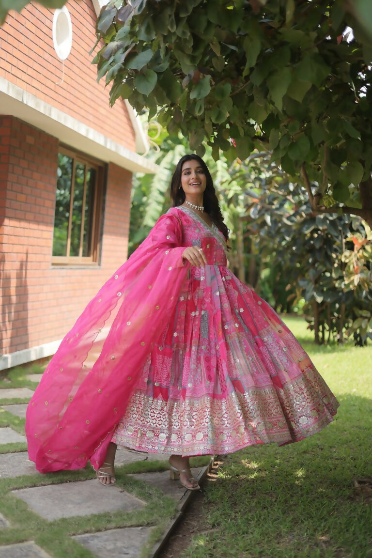 Jyoti Fashion Women's Pink Russian Silk Digital Print with Embroidered Anarkali Dress with Dupatta | Swadesiicart